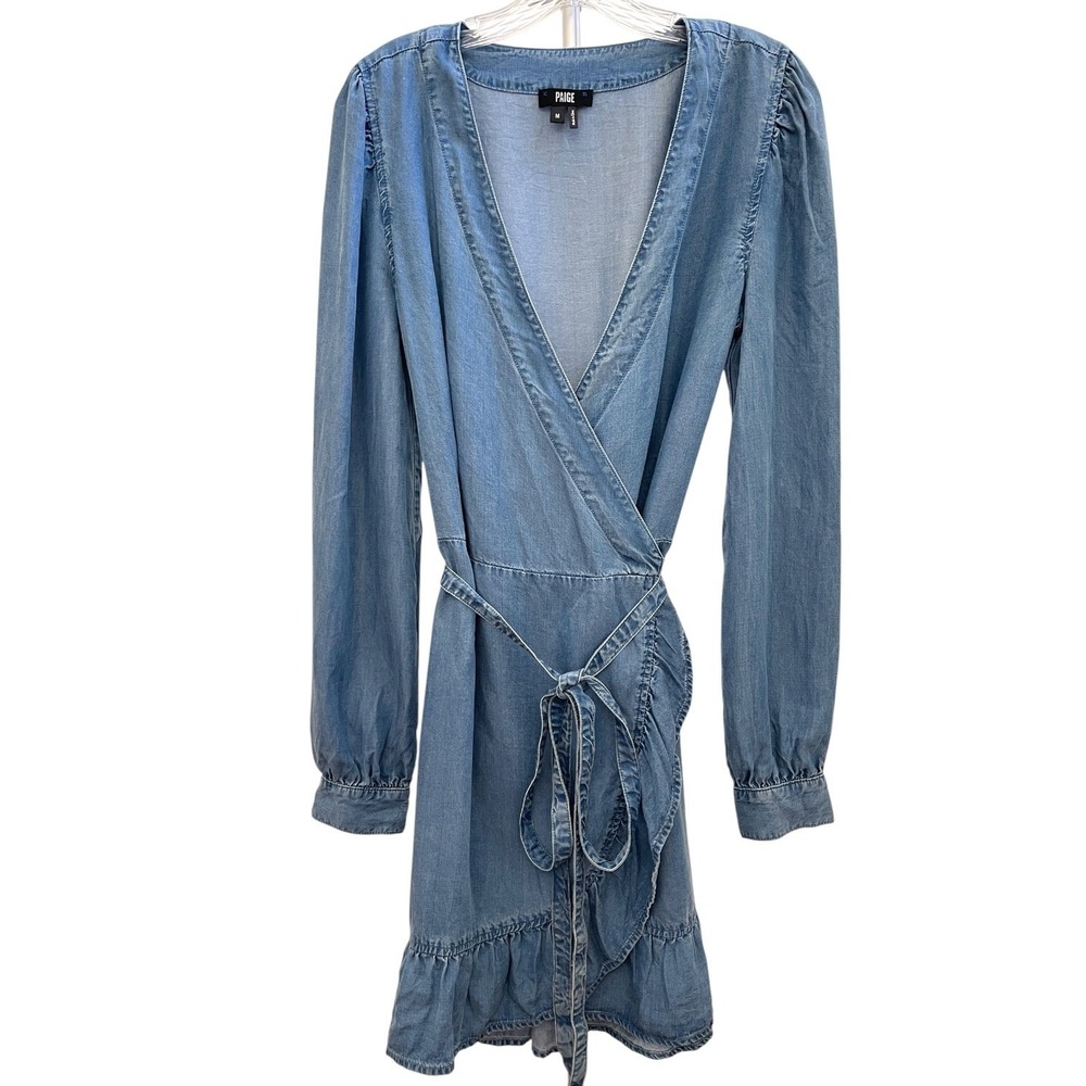 Paige Kendry Denim Wrap Ruffle Dress Juno Chambray Western Boho Womens M Blue - Picture 5 of 16